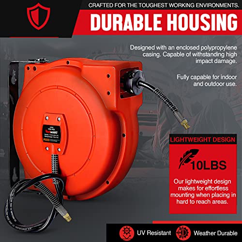 REELWORKS Air Hose Reel Retractable 1/4" Inch x 33’ Feet Premium Water Flex Hybrid Polymer Hose Max 180 PSI Heavy Duty Polypropylene Case Construction Industrial Spring Driven