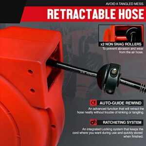 REELWORKS Air Hose Reel Retractable 1/4" Inch x 33’ Feet Premium Water Flex Hybrid Polymer Hose Max 180 PSI Heavy Duty Polypropylene Case Construction Industrial Spring Driven