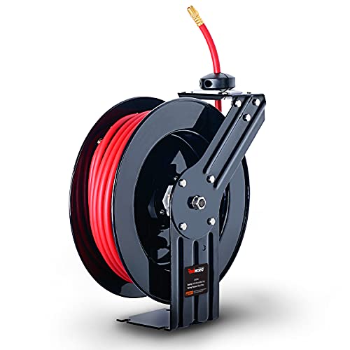 ReelWorks Air Hose Reel 3/8" Inch x 50' Foot Heavy Duty Industrial Max 300PSI Flex Hybrid Polymer Hose