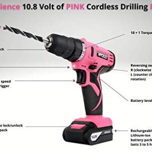 Apollo Tools Powerful Lightweight Cordless Drill, 10.8 Lithium Ion Battery with 30-Piece Accessory Drill Bit Set - Pink Ribbon - Pink- DT4937P