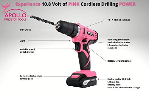 Apollo Tools Powerful Lightweight Cordless Drill, 10.8 Lithium Ion Battery with 30-Piece Accessory Drill Bit Set - Pink Ribbon - Pink- DT4937P