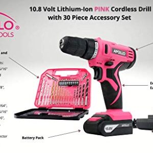 Apollo Tools Powerful Lightweight Cordless Drill, 10.8 Lithium Ion Battery with 30-Piece Accessory Drill Bit Set - Pink Ribbon - Pink- DT4937P