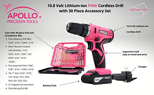 Apollo Tools Powerful Lightweight Cordless Drill, 10.8 Lithium Ion Battery with 30-Piece Accessory Drill Bit Set - Pink Ribbon - Pink- DT4937P