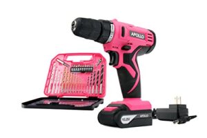 apollo tools powerful lightweight cordless drill, 10.8 lithium ion battery with 30-piece accessory drill bit set - pink ribbon - pink- dt4937p