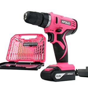 Apollo Tools Powerful Lightweight Cordless Drill, 10.8 Lithium Ion Battery with 30-Piece Accessory Drill Bit Set - Pink Ribbon - Pink- DT4937P