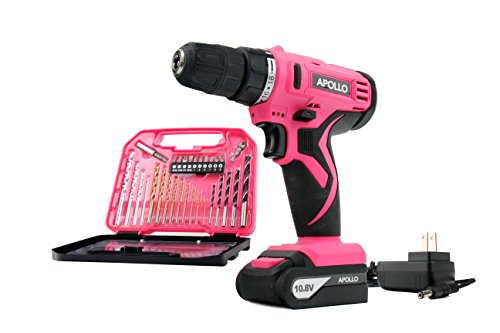 Apollo Tools Powerful Lightweight Cordless Drill, 10.8 Lithium Ion Battery with 30-Piece Accessory Drill Bit Set - Pink Ribbon - Pink- DT4937P