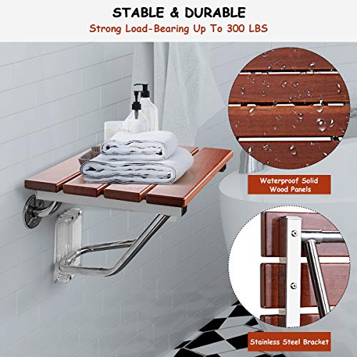 Giantex 15" Folding Shower Seat Bench Wooden Wall Mount Solid Wood Construction W/Steel Frame, 300lb Capacity for Senior, Handicap Disabled, Medical Use Foldable Bathroom Stool Foldaway Shower Chair