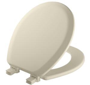 mayfair 41ec 346 cameron toilet seat will never loosen and easily remove, round, durable enameled wood, biscuit/linen