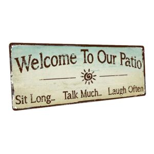 welcome to our patio 6 in. x 16 in. metal sign, indoor and outdoor plaque for rustic decor