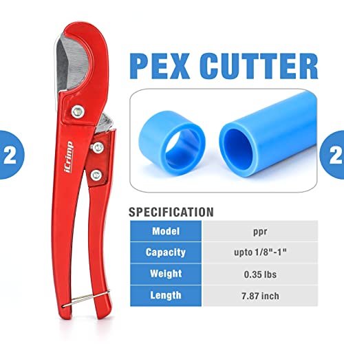 iCrimp Angle PEX Crimping Tools Combo Kits for 1/2" & 3/4" Pex Crimp Rings with Go/No-Go Gauge with PEX Pipe Cutter Suits for All US F1807 Standards Copper Rings