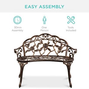 Best Choice Products Outdoor Bench Steel Garden Patio Porch Loveseat Furniture for Lawn, Park, Deck Seating w/Floral Rose Accent, Antique Finish - Bronze