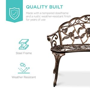 Best Choice Products Outdoor Bench Steel Garden Patio Porch Loveseat Furniture for Lawn, Park, Deck Seating w/Floral Rose Accent, Antique Finish - Bronze