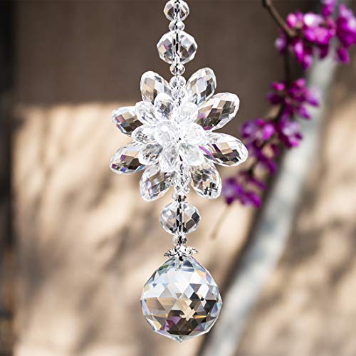 H&D HYALINE & DORA Clear Hanging Crystal Ball Prisms Flower Fengshui Ornament Suncatcher Rear View Mirror Car Charm Decor