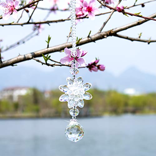 H&D HYALINE & DORA Clear Hanging Crystal Ball Prisms Flower Fengshui Ornament Suncatcher Rear View Mirror Car Charm Decor