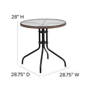 Flash Furniture Barker 28'' Round Tempered Glass Metal Table with Dark Brown Rattan Edging