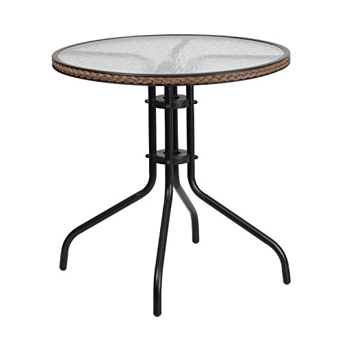 Flash Furniture Barker 28'' Round Tempered Glass Metal Table with Dark Brown Rattan Edging