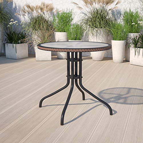 Flash Furniture Barker 28'' Round Tempered Glass Metal Table with Dark Brown Rattan Edging