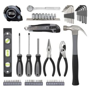 Amazon Basics 65 Piece Home Basic Repair Tool Kit Set With Bag, Silver, Black