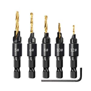 muxsam 1/4 inch hex shank countersink drill bit power tools accessories for plastic metal woodworking tool by power drill 5pcs/set #5#6#8#10#12 (gold)