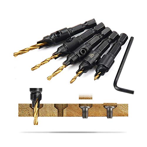 MUXSAM 1/4 inch Hex Shank Countersink Drill Bit Power Tools Accessories for Plastic Metal Woodworking Tool by Power Drill 5Pcs/Set #5#6#8#10#12 (Gold)