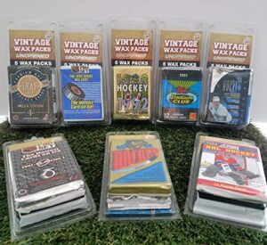 over 70 vintage hockey cards in 5 vintage unopened hockey wax packs from various brands ranging in years 1989 to 1999. comes in custom souvenir case. great for 1st time collectors & birthdays