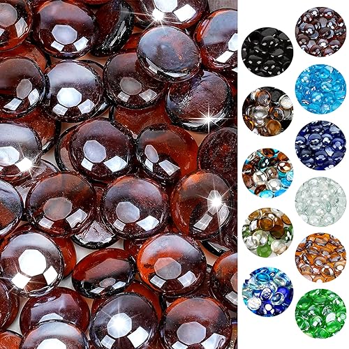 onlyfire Flat Fire Glass Beads for Propane Fire Pit, 1/2 Inch Reflective Firepit Glass Rocks 10 Pounds Flat Marbles for Gas Fireplace and Fire Pit Table, High Luster Amber