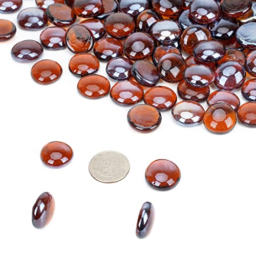 onlyfire Flat Fire Glass Beads for Propane Fire Pit, 1/2 Inch Reflective Firepit Glass Rocks 10 Pounds Flat Marbles for Gas Fireplace and Fire Pit Table, High Luster Amber