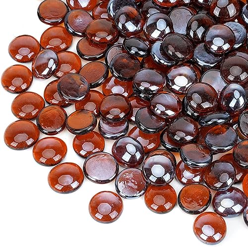 onlyfire Flat Fire Glass Beads for Propane Fire Pit, 1/2 Inch Reflective Firepit Glass Rocks 10 Pounds Flat Marbles for Gas Fireplace and Fire Pit Table, High Luster Amber