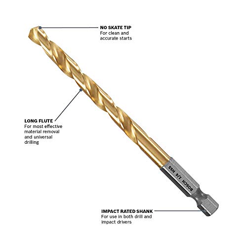 BOSCH TI2135IM 1-Piece 1/8 In. x 2-3/4 In. Titanium Nitride Coated Metal Drill Bit Impact Tough with Impact-Rated Hex Shank Ideal for Heavy-Gauge Carbon Steels, Light Gauge Metal, Hardwood