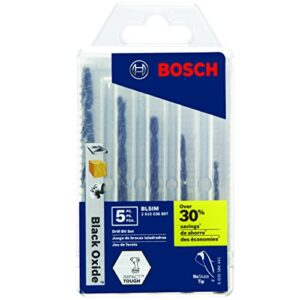 bosch bl5im 5-piece assorted set black oxide metal drill bits impact tough with impact-rated hex shank for applications in steel, copper, aluminum, brass, oak, mdf, pine, pvc and more