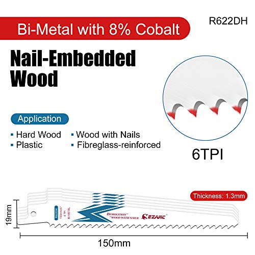 EZARC Reciprocating Saw Blade Bi-Metal Cobalt Sabre Saw Blades for Wood Demolition 6-Inch 6TPI R622DH (5-Pack)