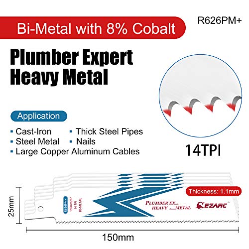 EZARC Reciprocating Saw Blade Bi-Metal Cobalt Sabre Saw Blades for Heavy Metal Cutting 6-Inch 14TPI R626PM+ (5-Pack)