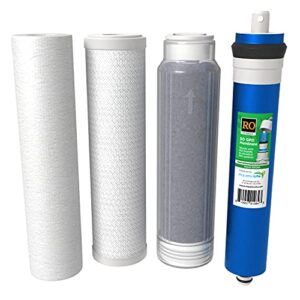 aquaticlife reverse osmosis 10” replacement filter cartridges kit - includes carbon block filter, sediment cartridge, 50 gpd membrane and mixed-bed color changing deionization resin for ro/rodi system