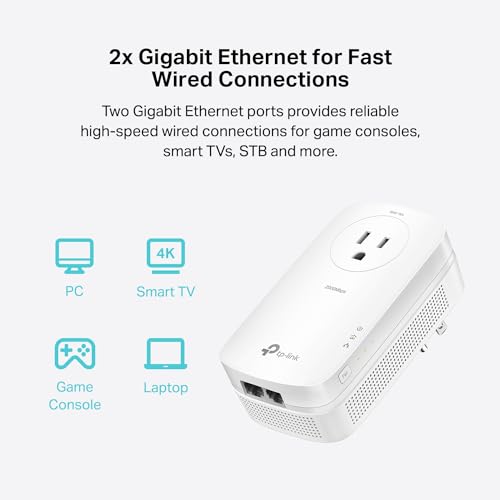 TP-Link AV2000 Powerline Adapter - 2 Gigabit Ports, Ethernet Over Power, Plug&Play, Power Saving, 2x2 MIMO, Noise Filtering, Extra Socket for other Devices, Ideal for Gaming (TL-PA9020P KIT)