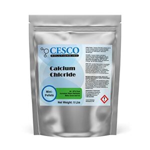 cesco solutions – calcium chloride mini pellets – 94-97% pure – ice melt, pool calcium increaser, controls dust & dirt, easy pour, resealable package (5 lbs)