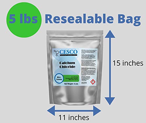 Cesco Solutions – Calcium Chloride Mini Pellets – 94-97% Pure – Ice Melt, Pool Calcium Increaser, Controls Dust & Dirt, Easy Pour, Resealable Package (5 lbs)