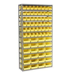 global industrial 13 shelf steel shelving with (72) 4" h plastic shelf bins, yellow, 36x12x72