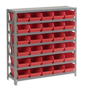 global industrial 7 shelf steel shelving with (30) 4" h plastic shelf bins, red, 36x12x39