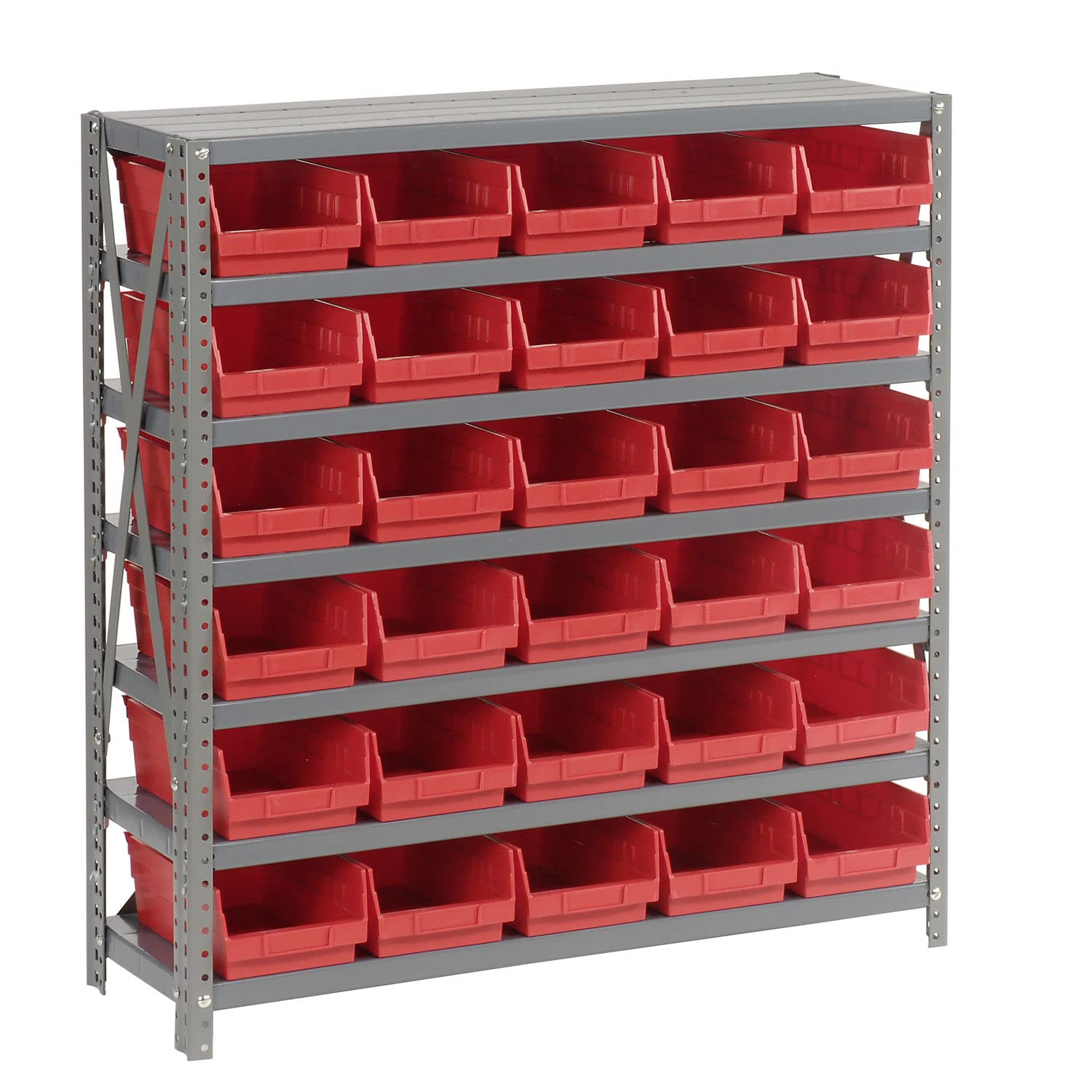 Global Industrial 7 Shelf Steel Shelving with (30) 4" H Plastic Shelf Bins, Red, 36x12x39