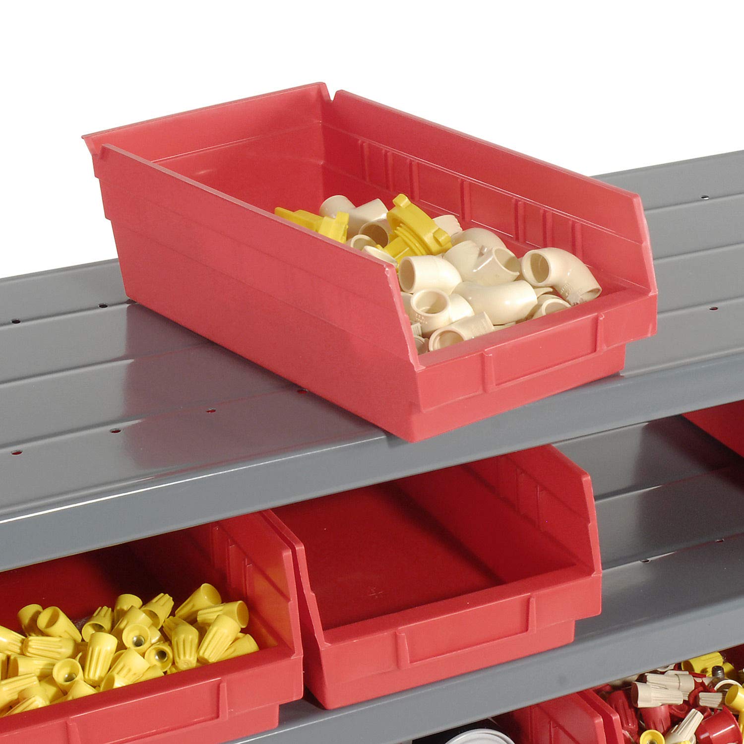 Global Industrial 7 Shelf Steel Shelving with (30) 4" H Plastic Shelf Bins, Red, 36x12x39