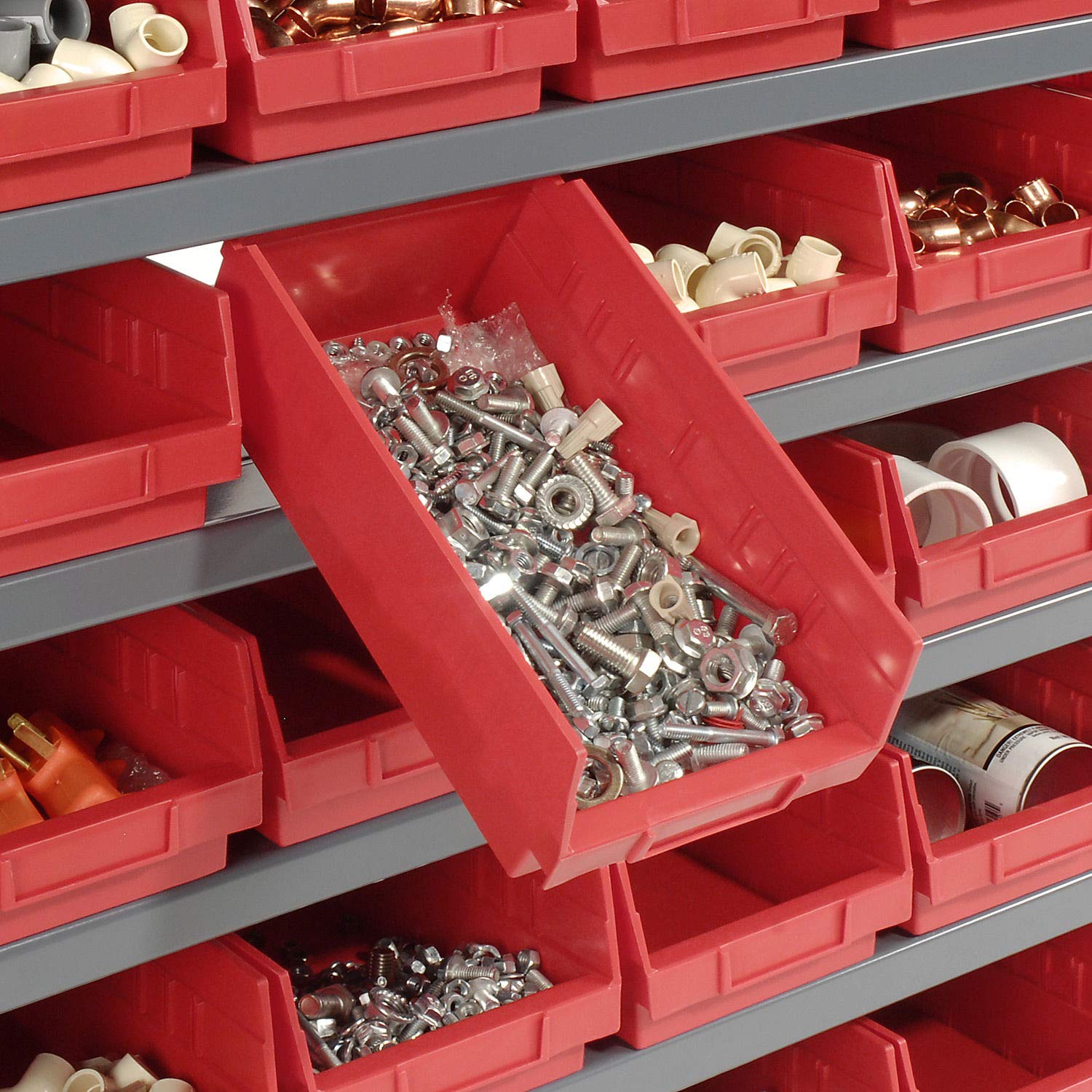 Global Industrial 7 Shelf Steel Shelving with (30) 4" H Plastic Shelf Bins, Red, 36x12x39