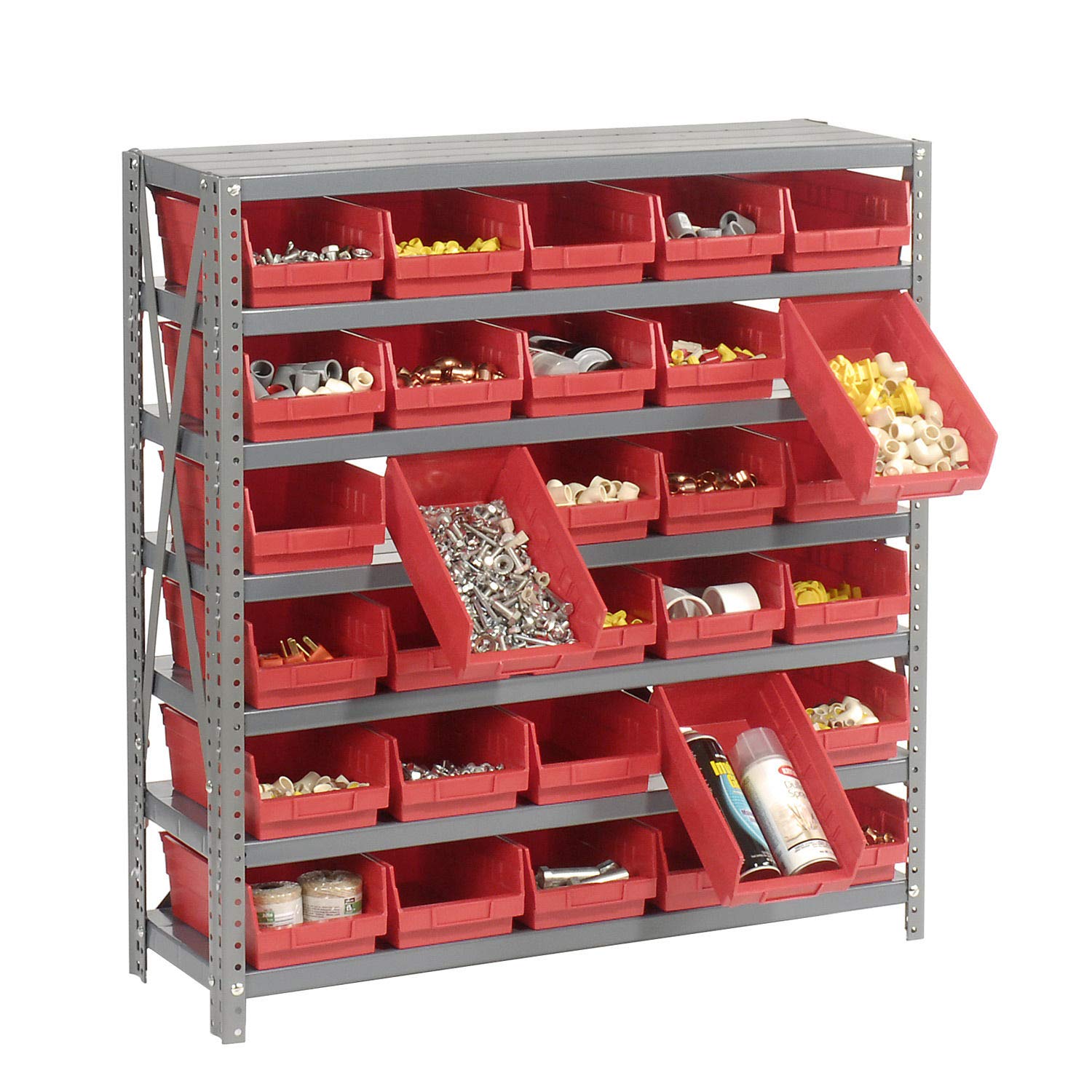 Global Industrial 7 Shelf Steel Shelving with (30) 4" H Plastic Shelf Bins, Red, 36x12x39