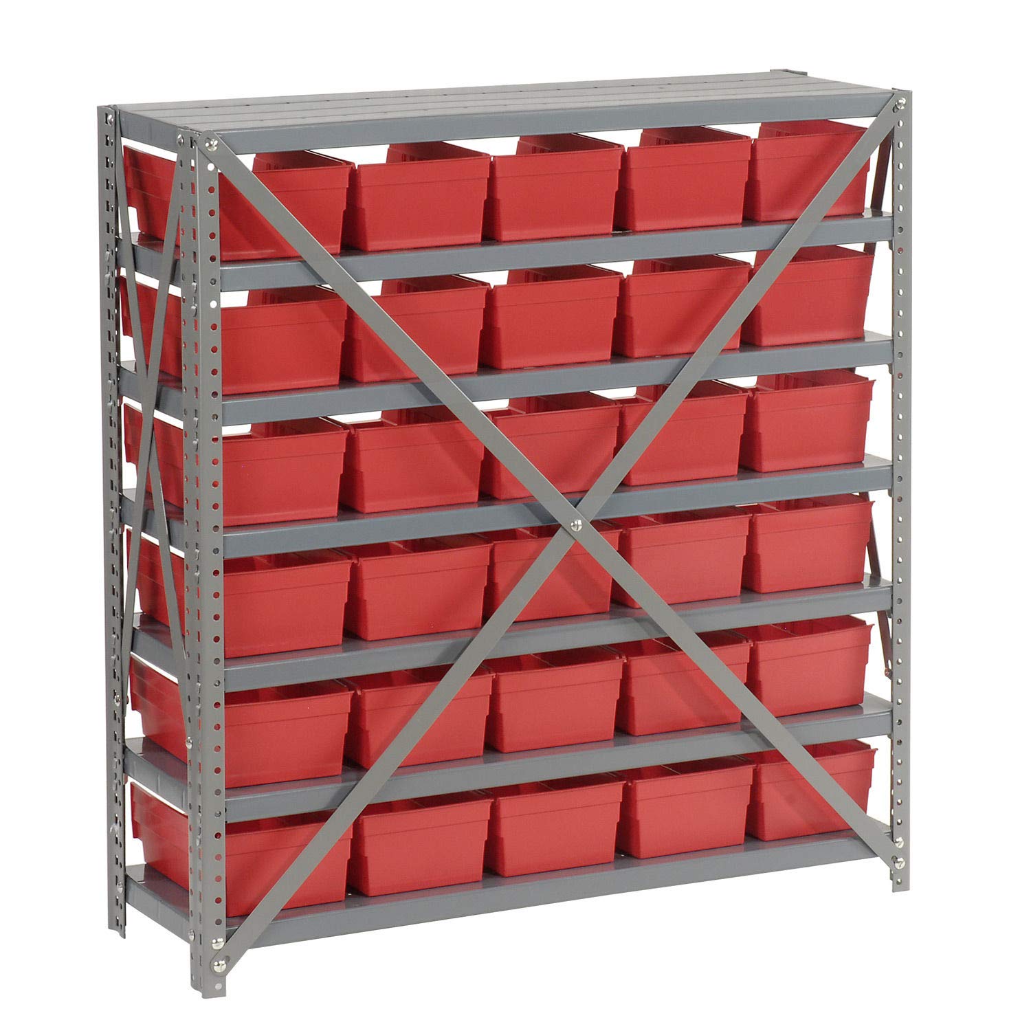 Global Industrial 7 Shelf Steel Shelving with (30) 4" H Plastic Shelf Bins, Red, 36x12x39