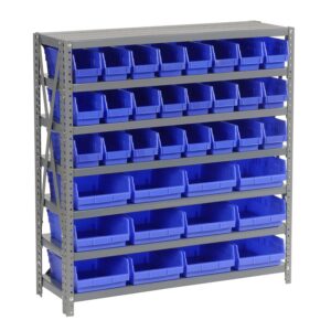 global industrial 7 shelf steel shelving with (36) 4" h plastic shelf bins, blue, 36x12x39