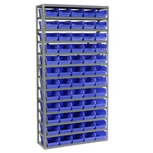 global industrial 13 shelf steel shelving with (60) 4" h plastic shelf bins, blue, 36x12x72