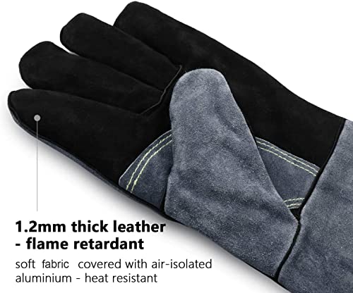 932℉ Grill BBQ Gloves 16-inch Heat Resistant Leather Forge Welding Glove with Flame Retardant Long Sleeve and Insulated Lining for Men and Women Black-Gray
