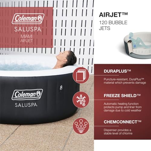 Coleman SaluSpa AirJet 2 to 4 Person Round Inflatable Hot Tub Portable Outdoor Spa with 60 Soothing AirJets and Insulated Cover, Black