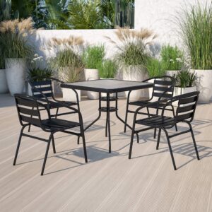 flash furniture 5-piece patio dining set with 31.5" square glass metal table and 4 stackable slat back chairs, indoor/outdoor bistro table and chairs set, black