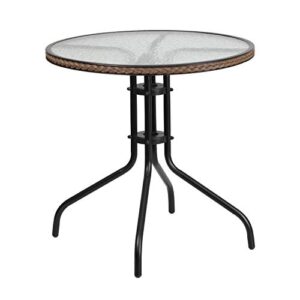 Flash Furniture Lila 28'' Round Glass Metal Table with Dark Brown Rattan Edging and 2 Dark Brown Rattan Stack Chairs