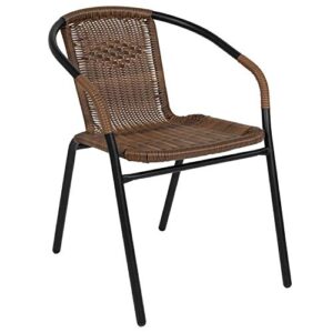 Flash Furniture Lila 28'' Round Glass Metal Table with Dark Brown Rattan Edging and 2 Dark Brown Rattan Stack Chairs